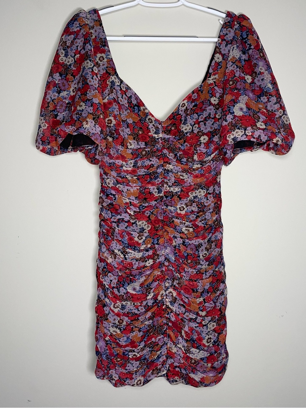 Zara XS Multicolor Floral Shimmer Puff Sleeve Ruched Mini Dress Party Club